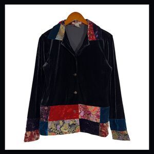 Vintage Black Velvet Patchwork Jacket Brocade Button Front Notations 90s S